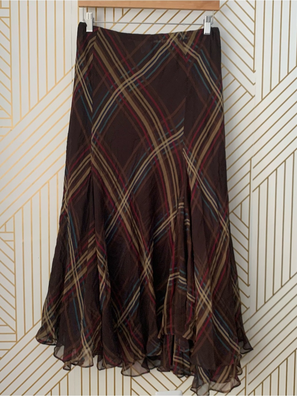 Winter Silks 100% Silk bias cut plaid tartan gypsy boho Renfair Flowy midi skirt - Picture 12 of 13